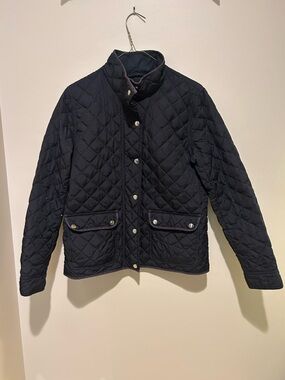 J. Crew Quilted Black Button-Front Down Jacket W/ Pockets & Gold Buttons Size M